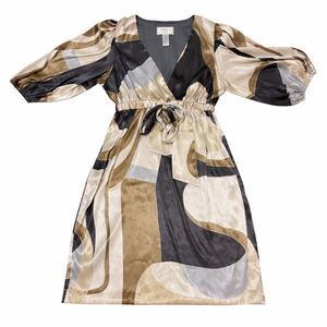 Eliza J Dress L Taupe Geometric Satin Empire V-Nck Puff Sleeve Regency Occasion*